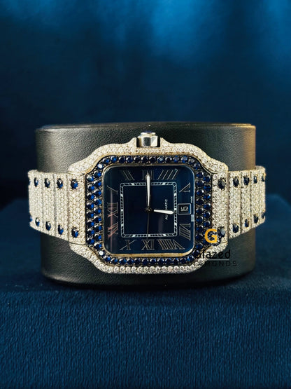 Moissanite Blue Dial Iced Out Roman Number Watch For Men