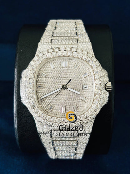 Moissanite Fully White Tone And White Baguette Bar Watch
