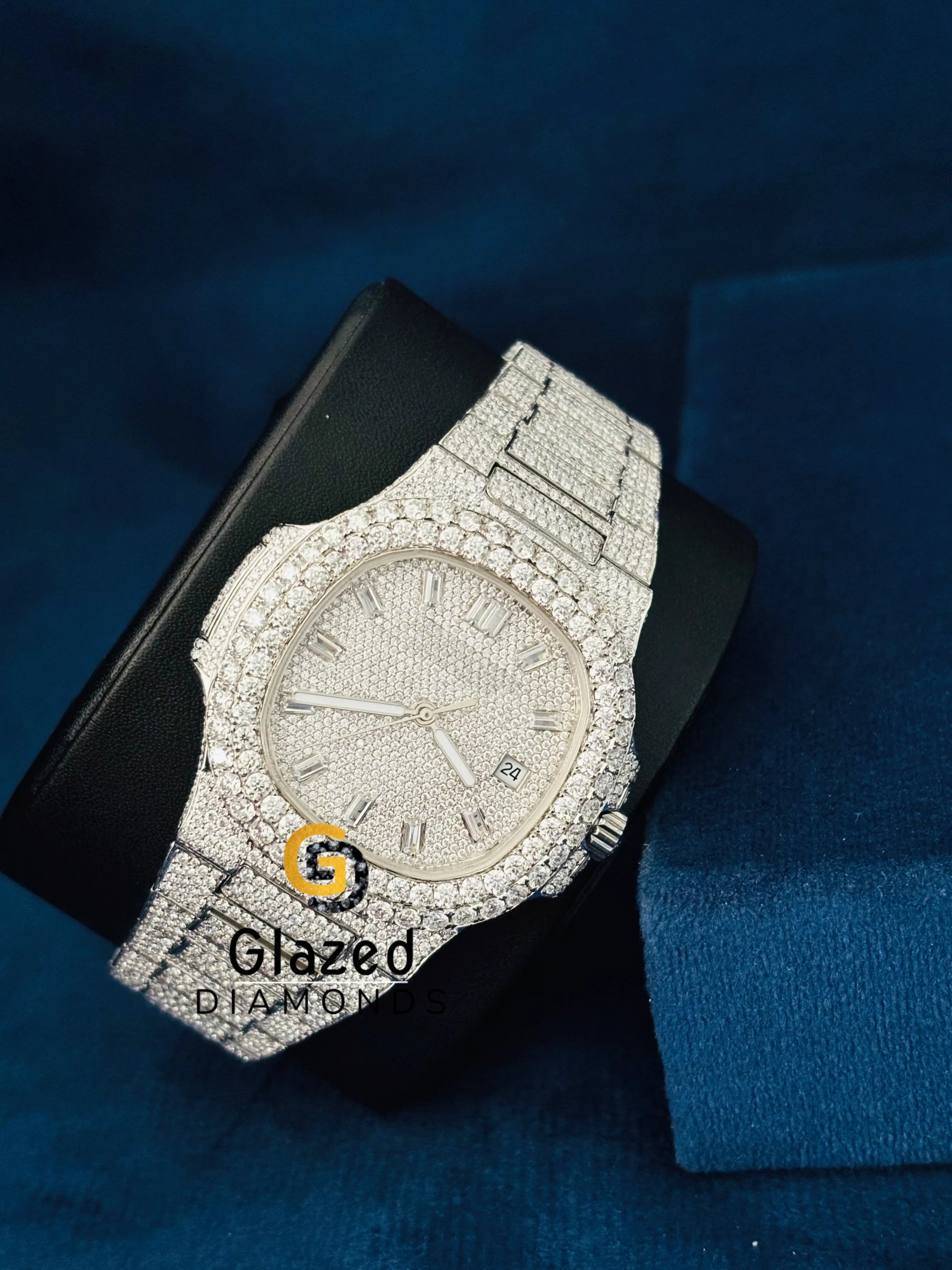 Moissanite Fully White Tone And White Baguette Bar Watch For Men