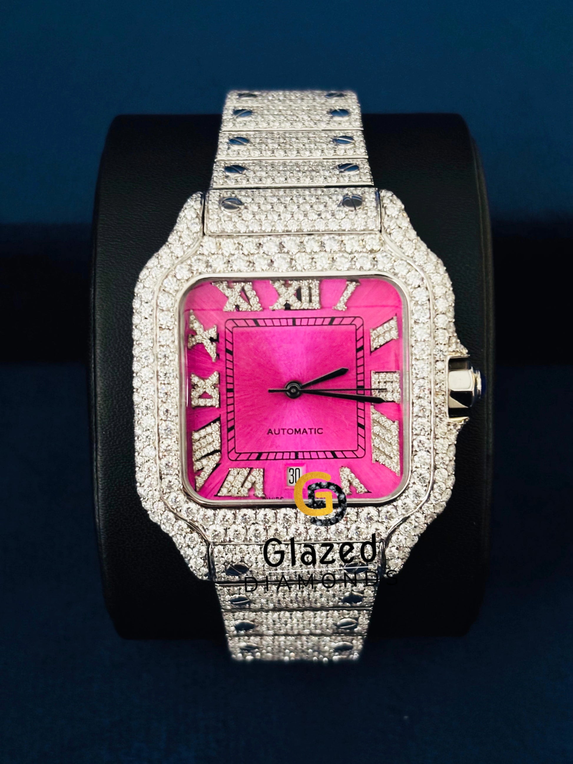 Moissanite Hip Hop Studded Pink Dial Watch
