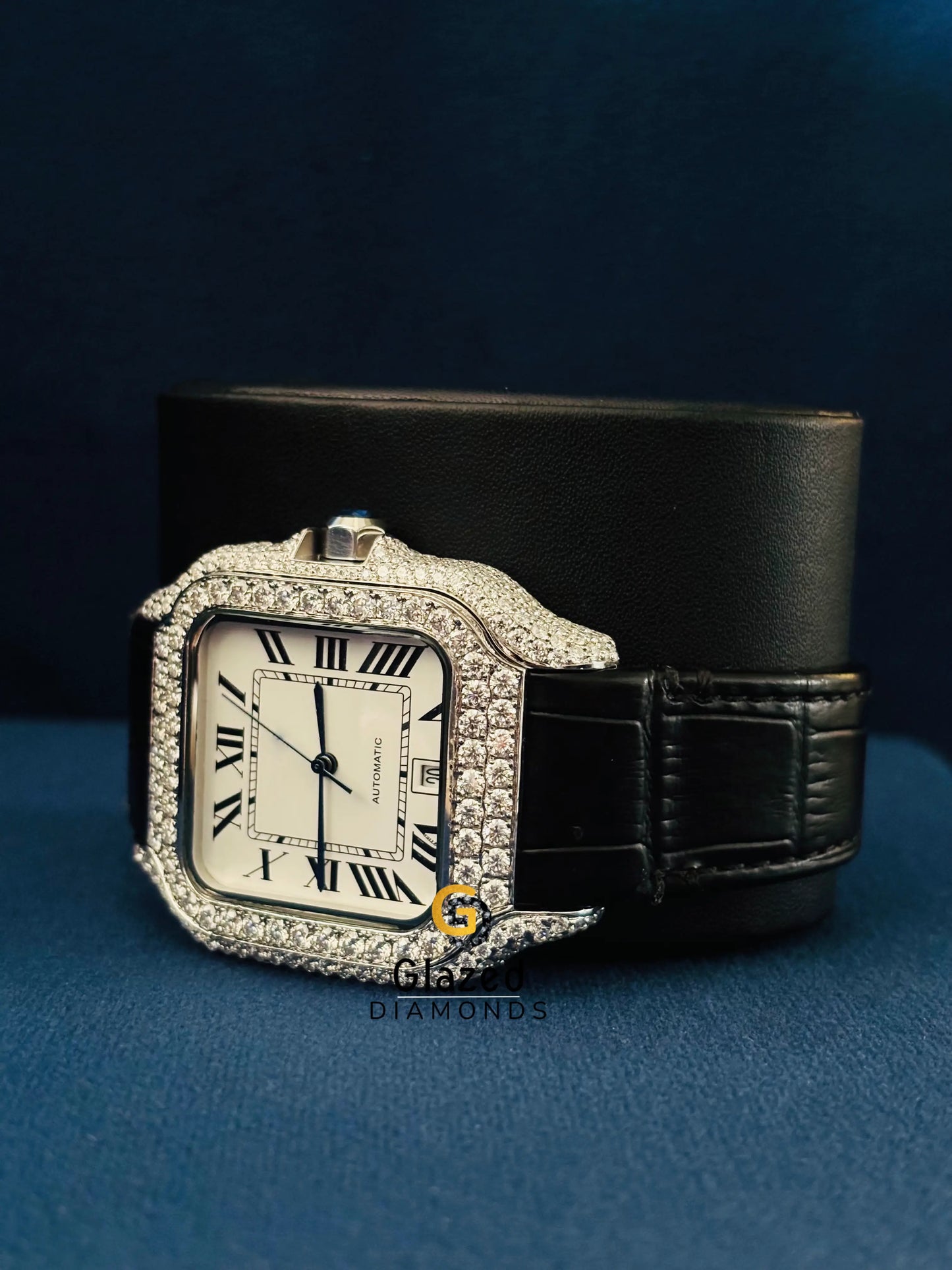 Moissanite Iced Out Cartier Lather Strap Watch