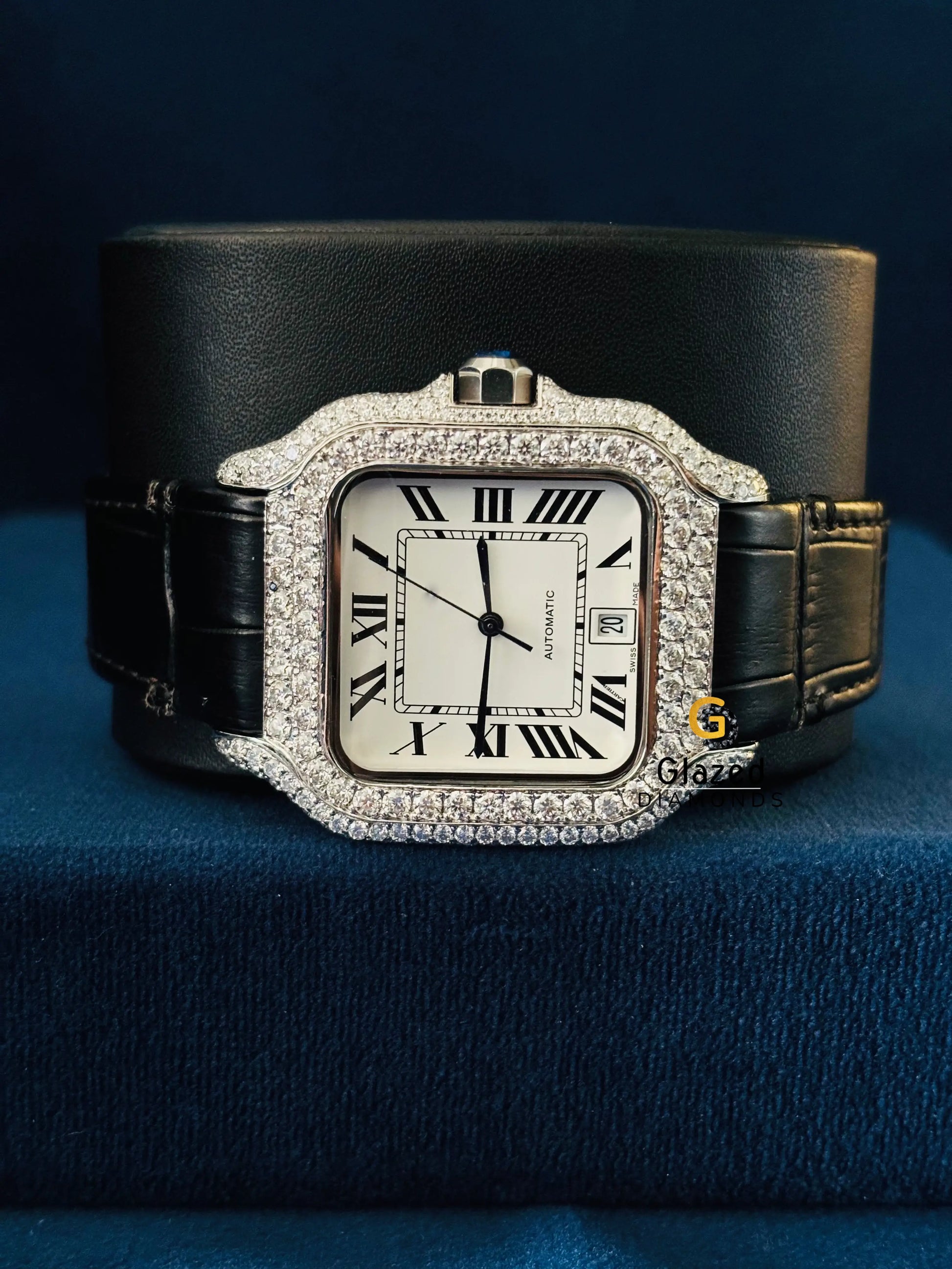 Moissanite Iced Out Cartier Lather Strap Watch For Men