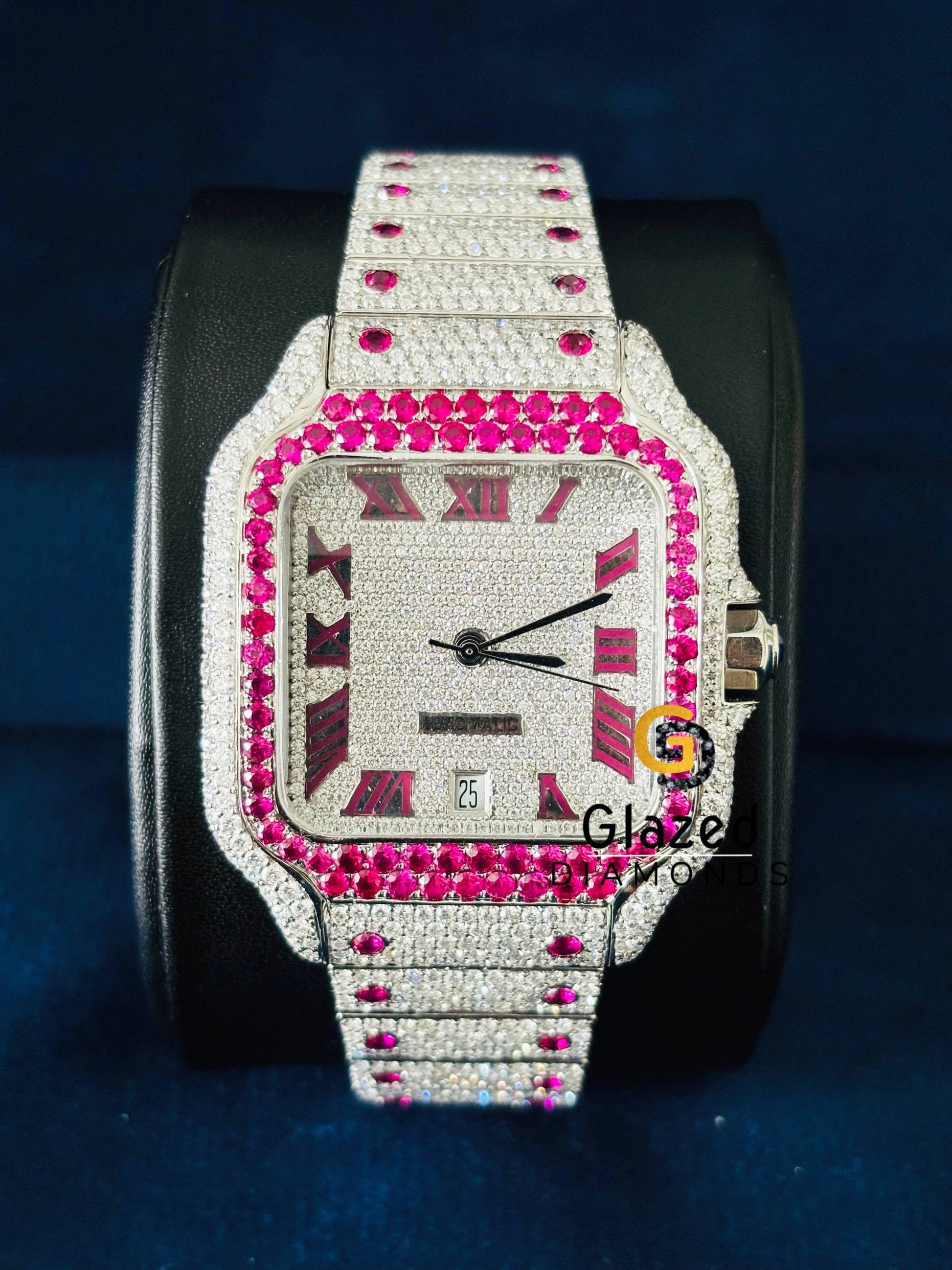 Moissanite Iced Out Hip hop Studded pink diamond Watch
