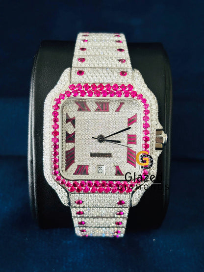 Moissanite Iced Out Hip hop Studded pink diamond Watch