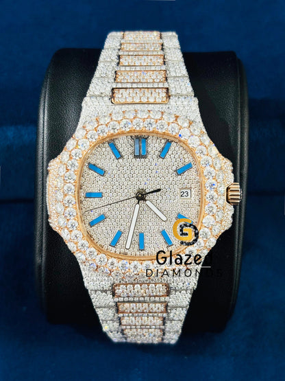 Moissanite Iced Out Sky Blue Bar Studded Watch