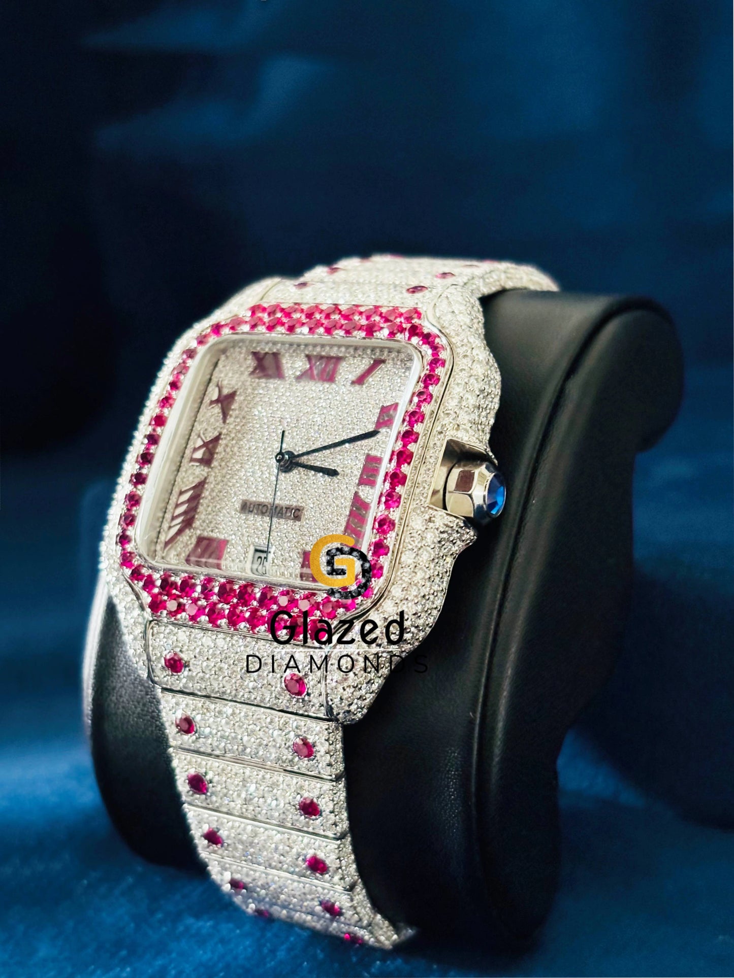 Moissanite Pink Diamond Hip Hop Pink Roman Number Watch