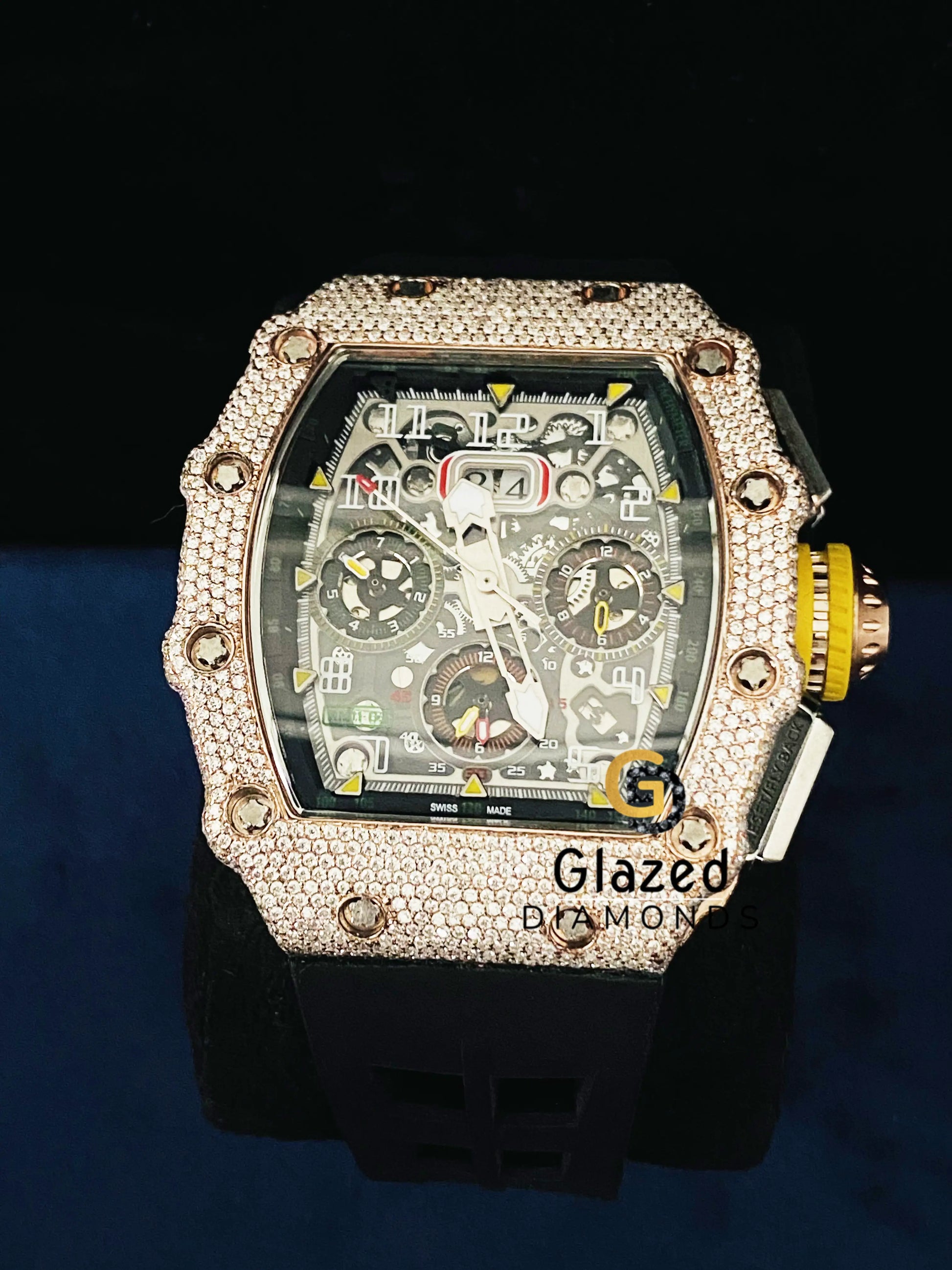 Moissanite VVS Silicone Black Strap Bust Down Skeleton Dial Watch