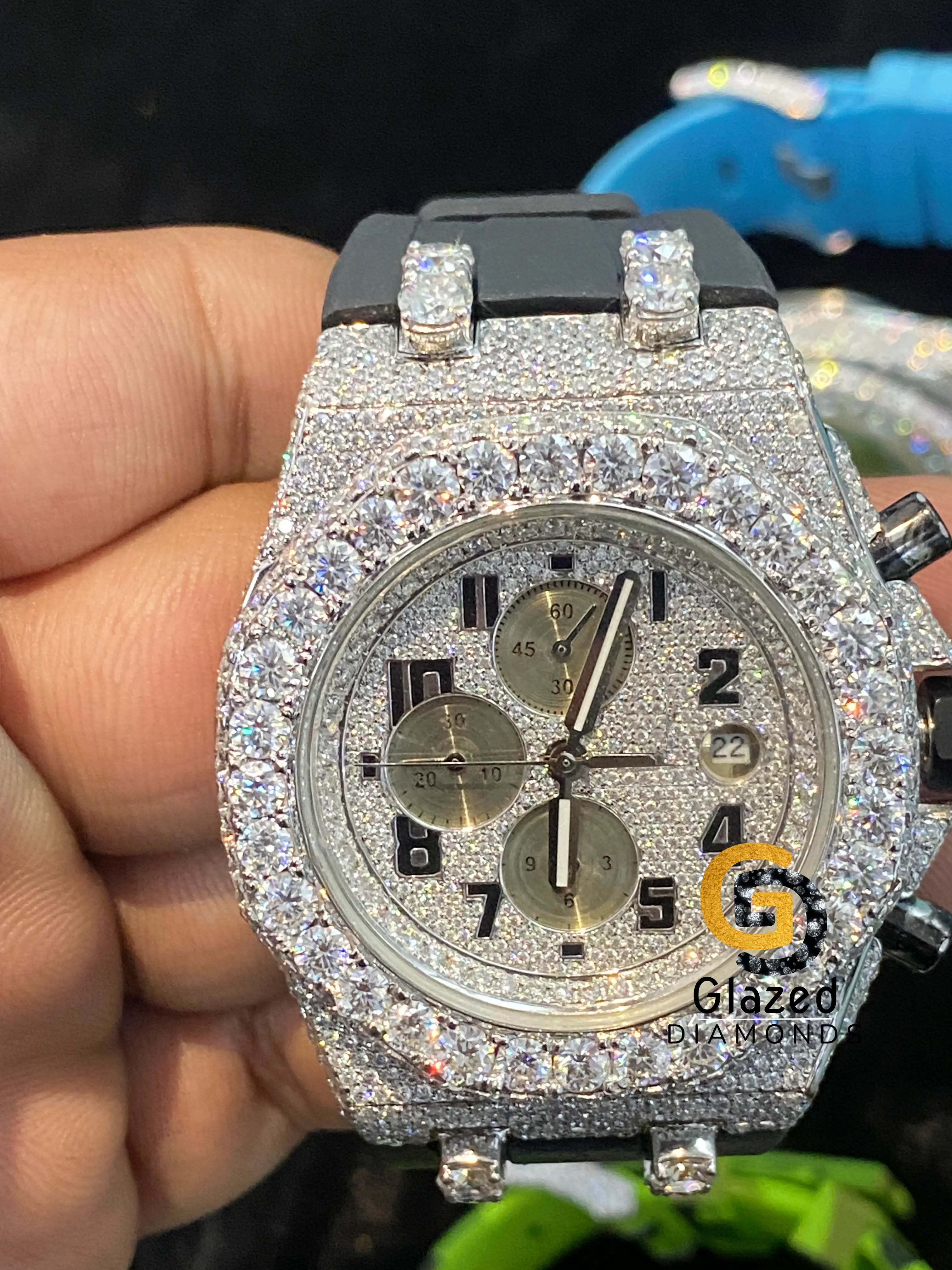 Fully Iced Out Bezel Multi Dial Black Strap Mens Moissanite Watch