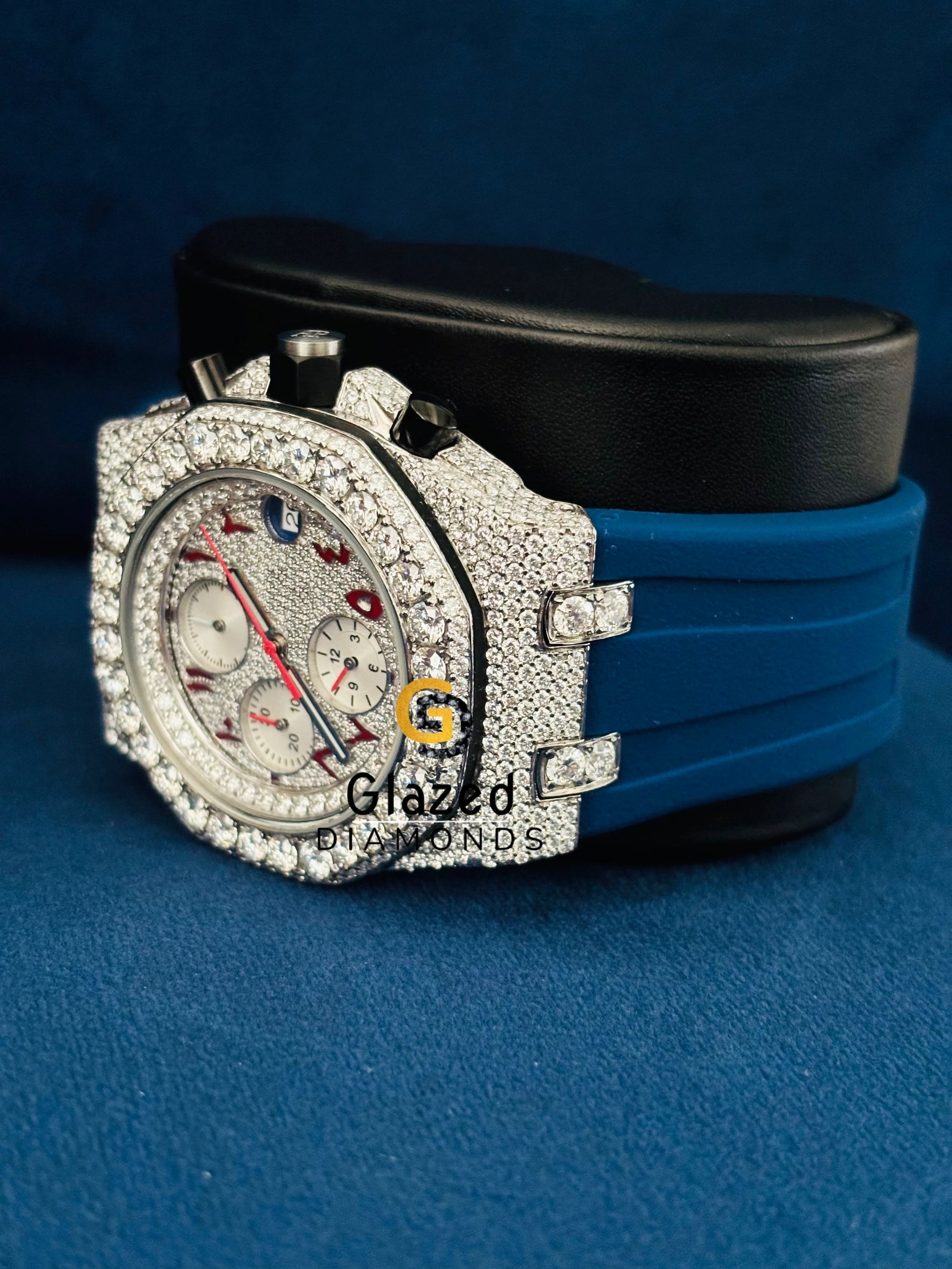 Multi Chronograph Red Arabic Dial Iced Out Moissanite Watch 