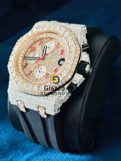 Multi Face Dial Round VVS Moissanite Black Silicone Strap Watch