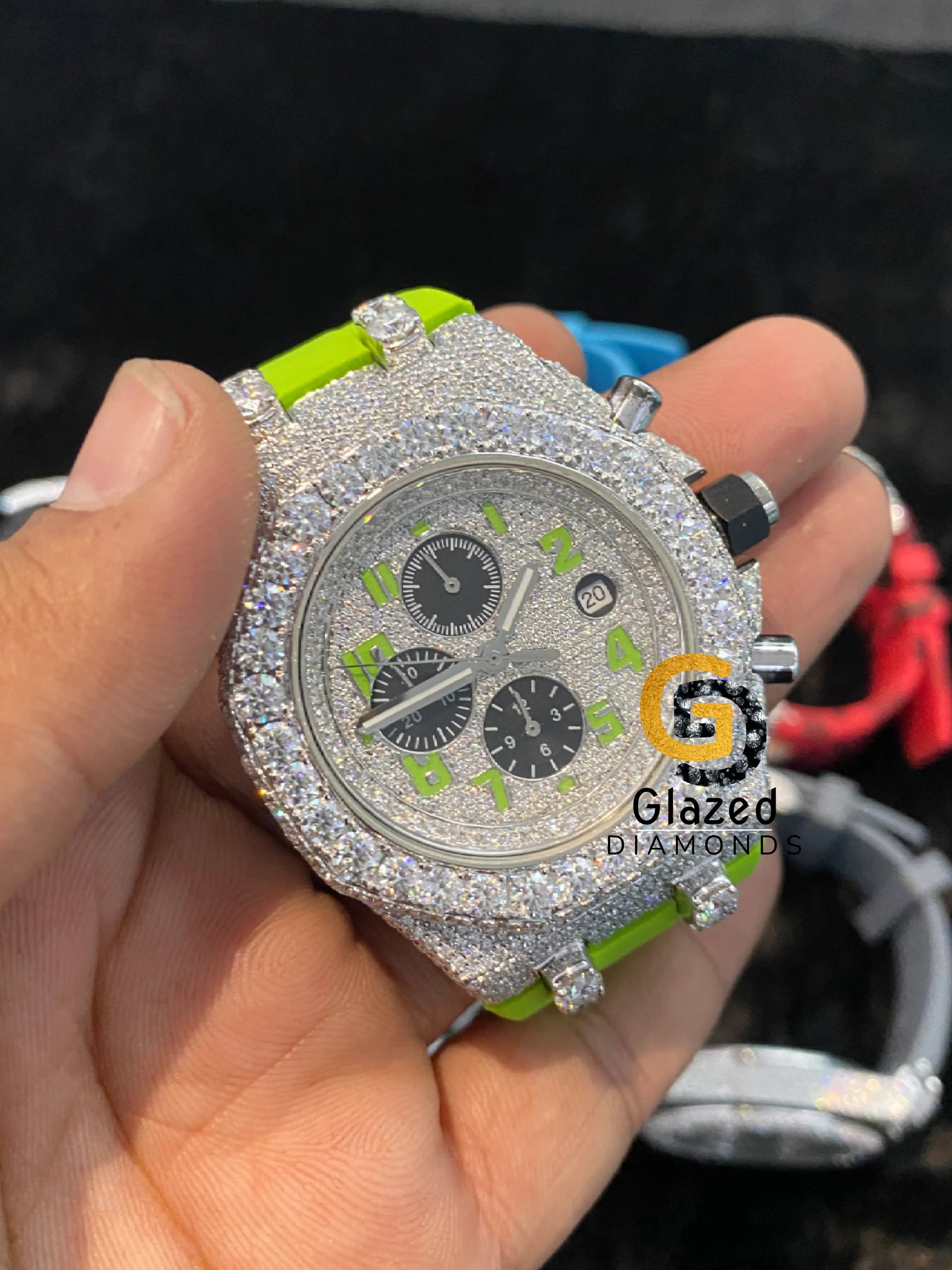 Iced Out Neon Strap VVS  Bezel Multi Dial Moissanite Watch For Men