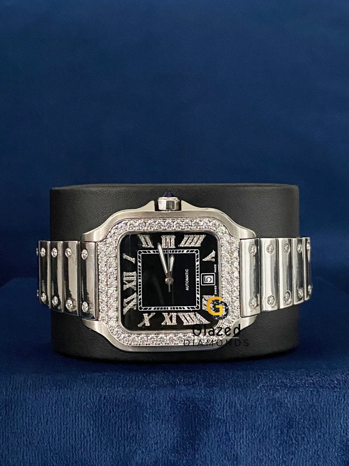 New Iced Out Roman Black Dial VVS Moissanite Watch