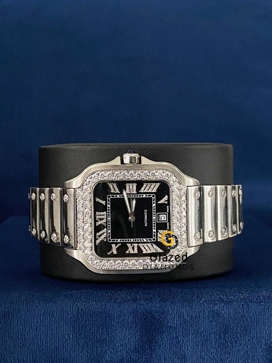 New Iced Out Roman Black Dial VVS Moissanite Watch