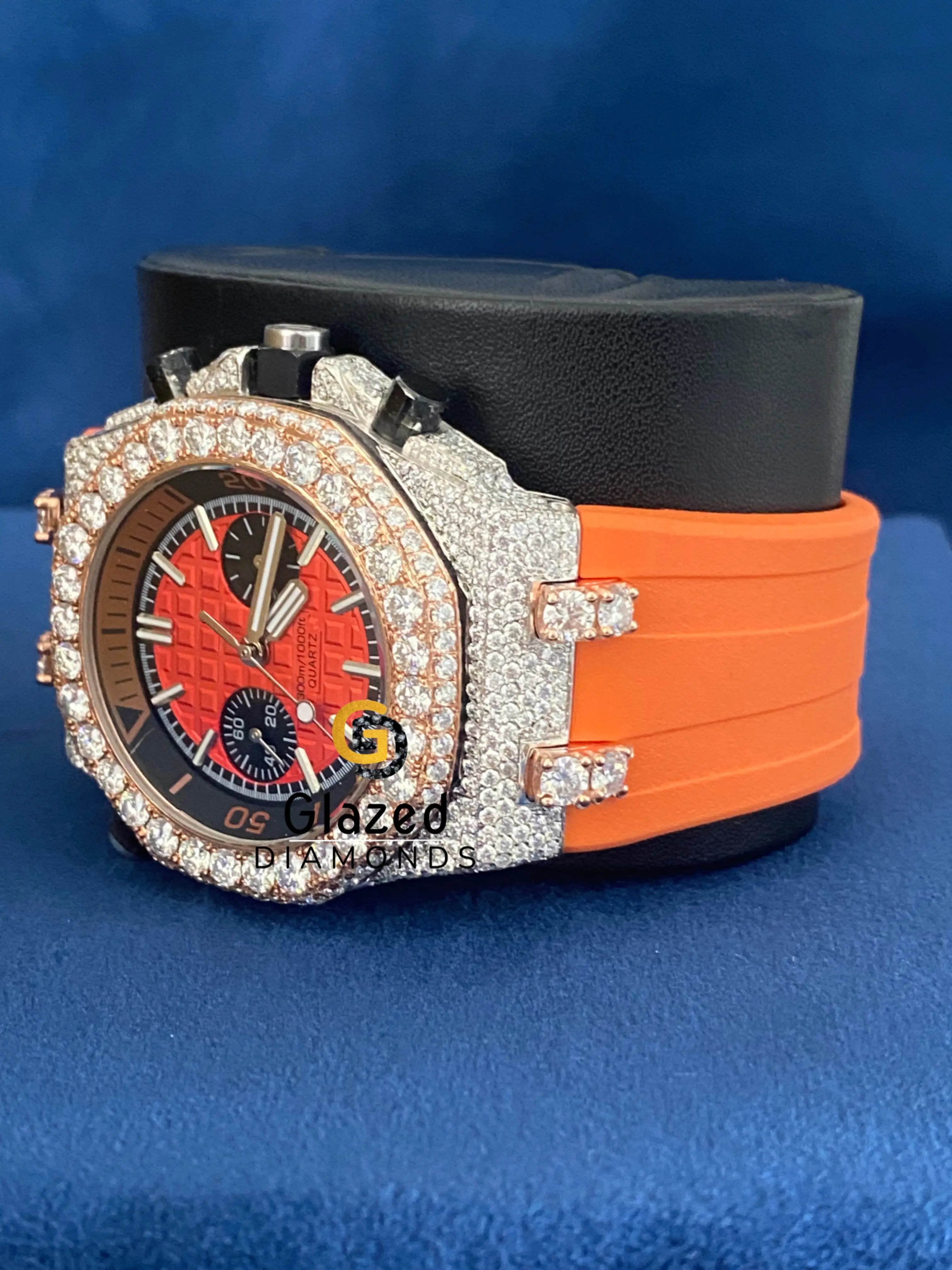 Orange Silicone Strap Chronograph Face Dial Moissanite Watch