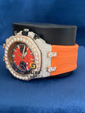 Orange Silicone Strap Chronograph Face Dial Moissanite Watch