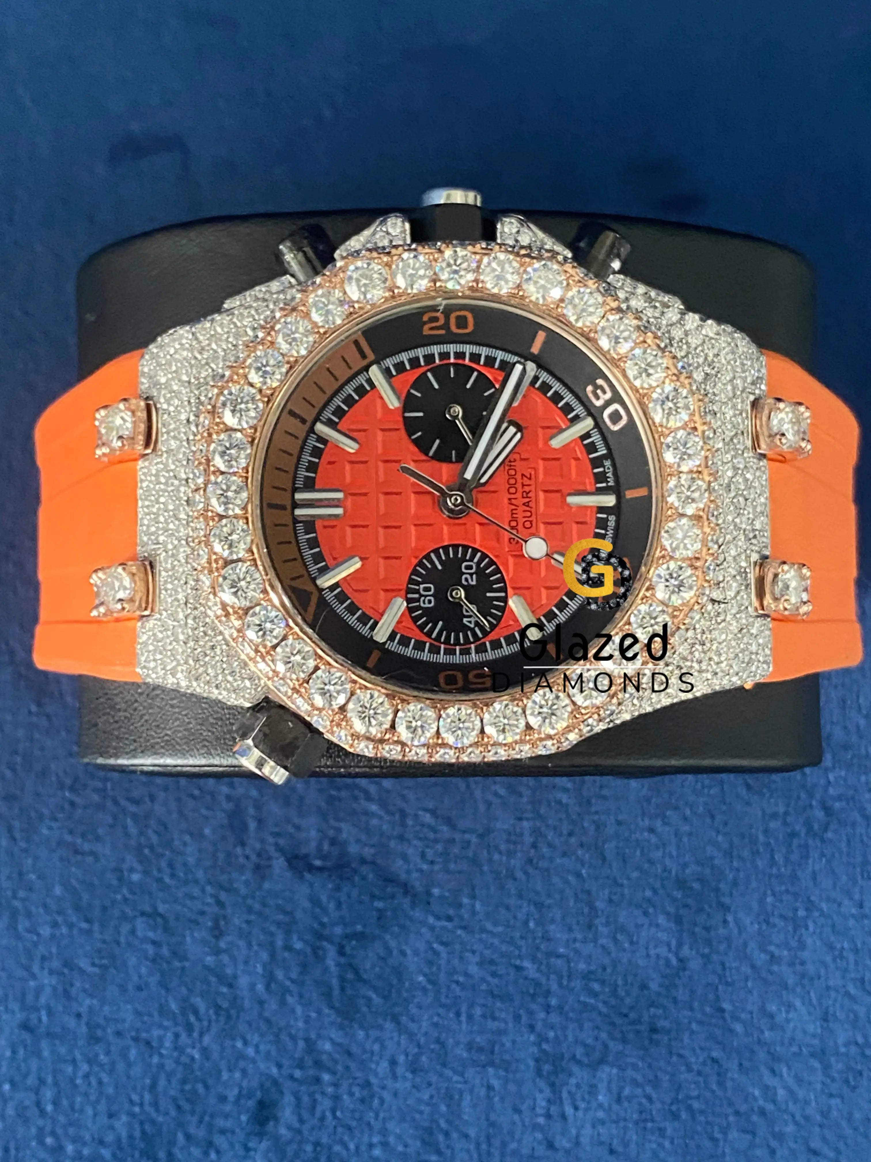 Orange Silicone Strap Chronograph Face Dial Moissanite Watch