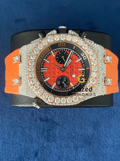 Orange Silicone Strap Chronograph Face Dial Moissanite Watch