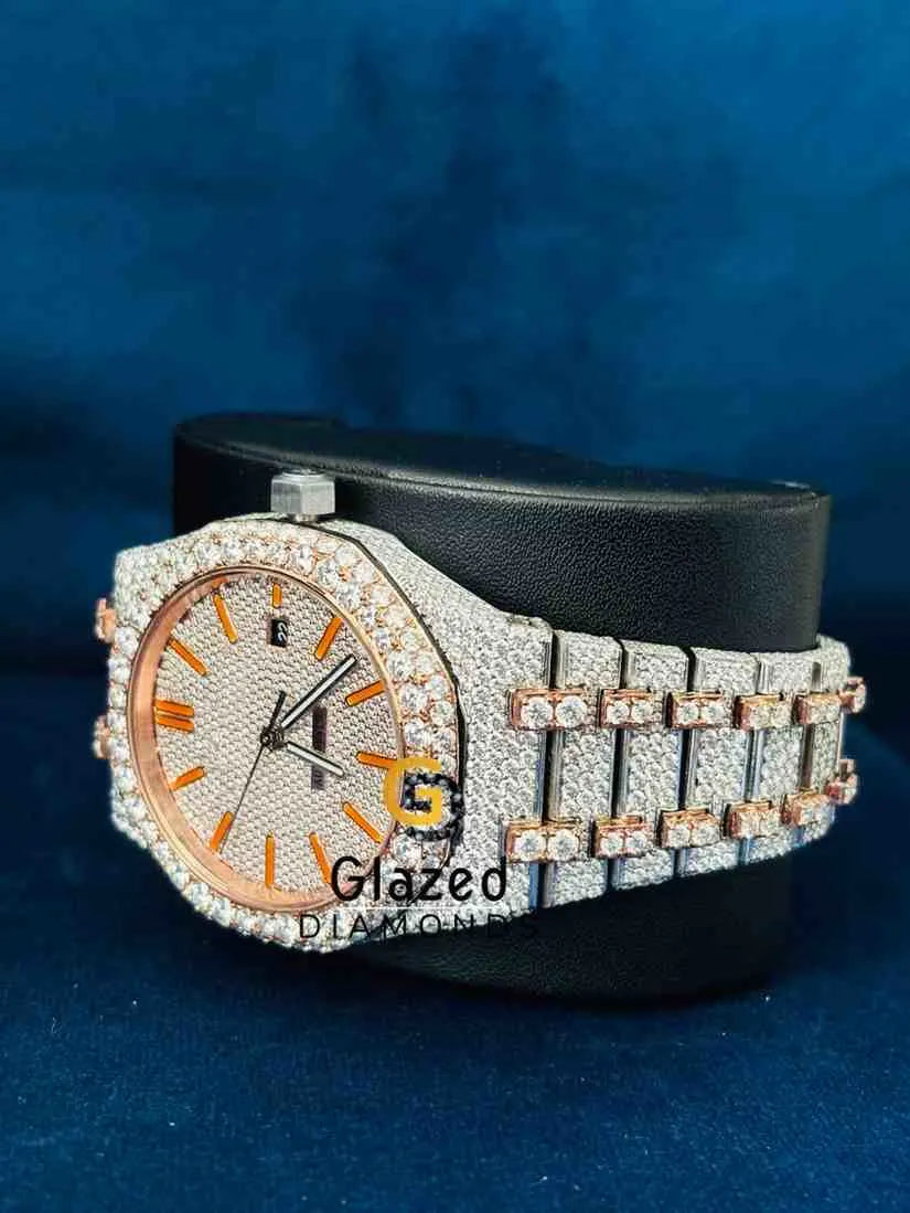 Orange Bar Dial Iced Out Hip Hop Moissanite Watch 