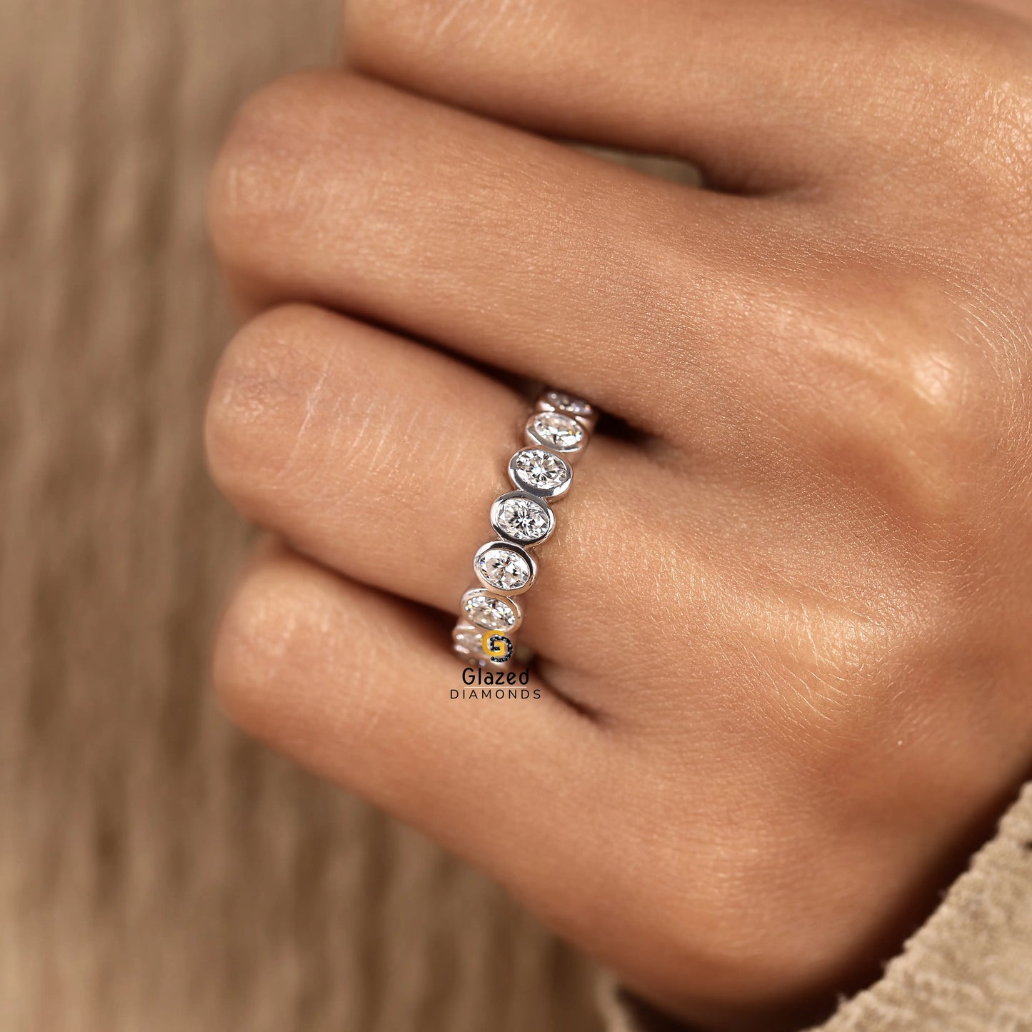 Oval Bezel Set Lab Diamond Half Eternity Wedding Band For Her