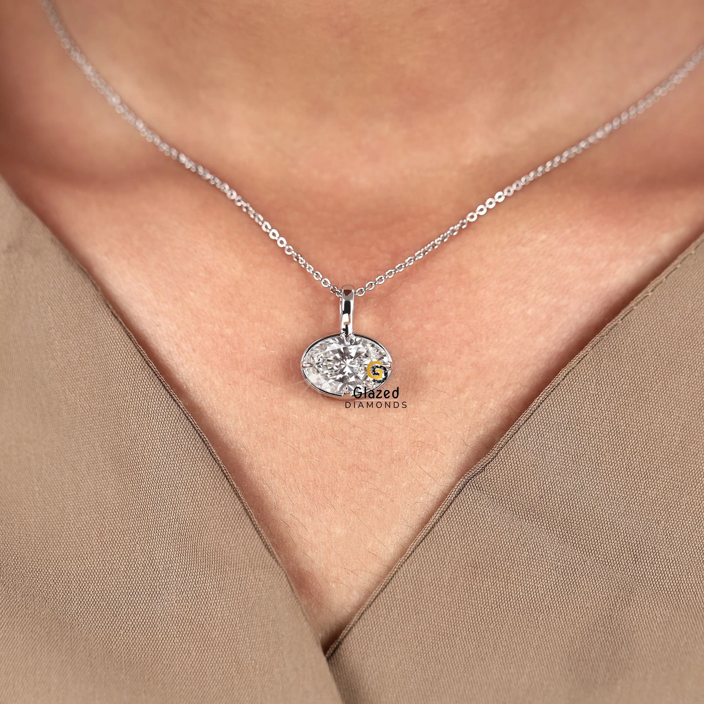 Oval Compass Prong Lab Diamond Pendant 