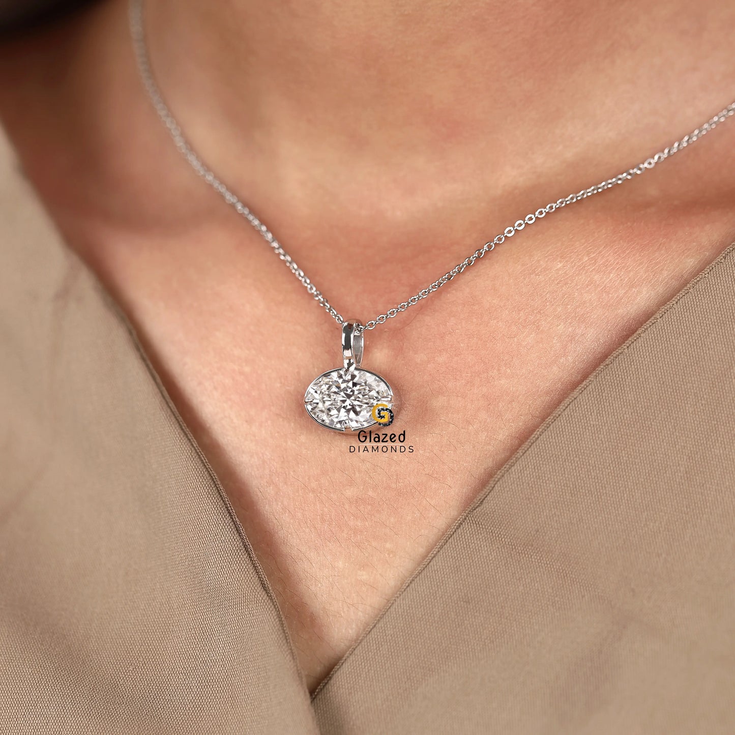 Oval Compass Prong Lab Diamond Pendant For Women