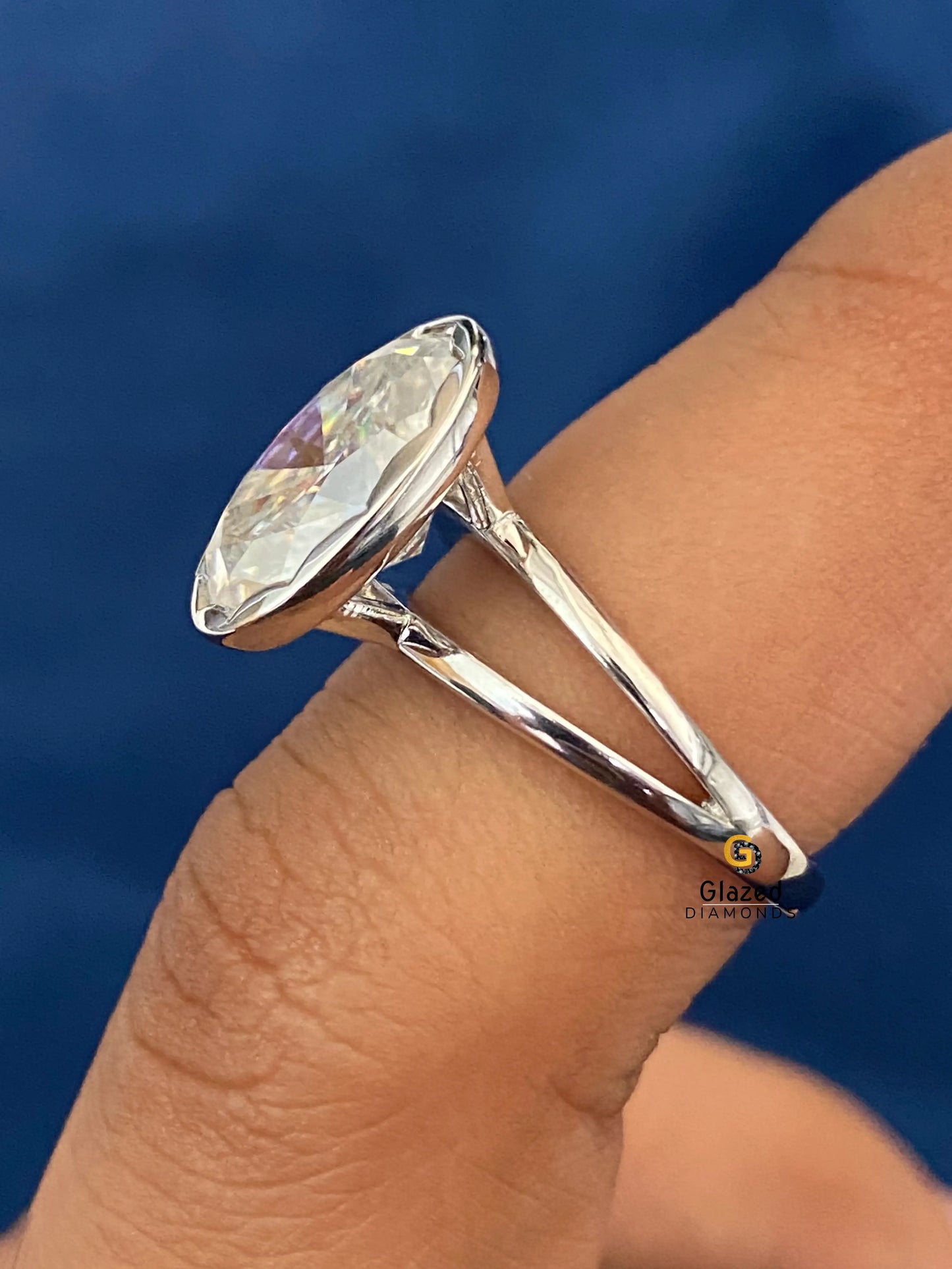 Oval Split Shank Bezel Set Solitaire Moissanite Ring