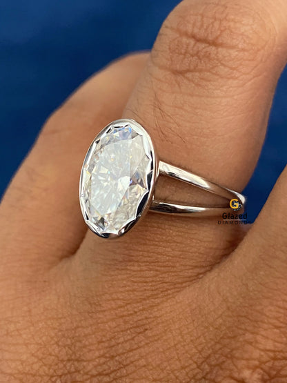 Oval Split Shank Bezel Set Solitaire Moissanite Ring For Women