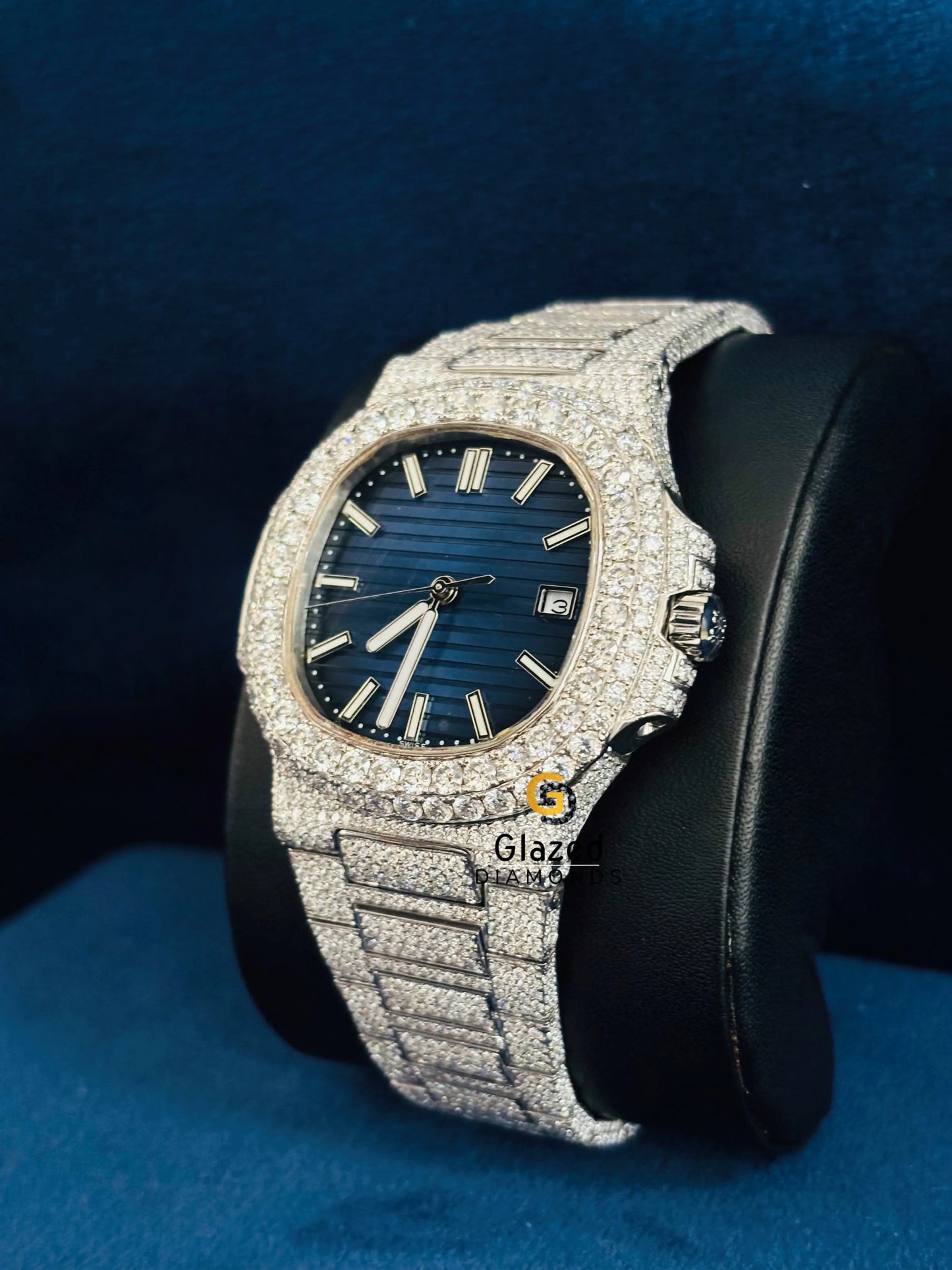 Royal Blue Dial Studded Moissanite Automatic Watch