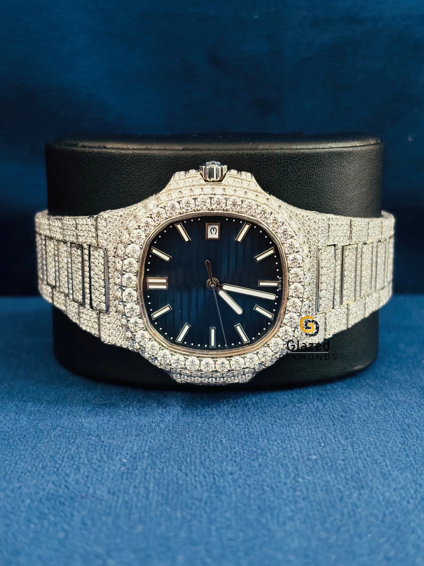 Royal Blue Dial Studded Moissanite Automatic Watch