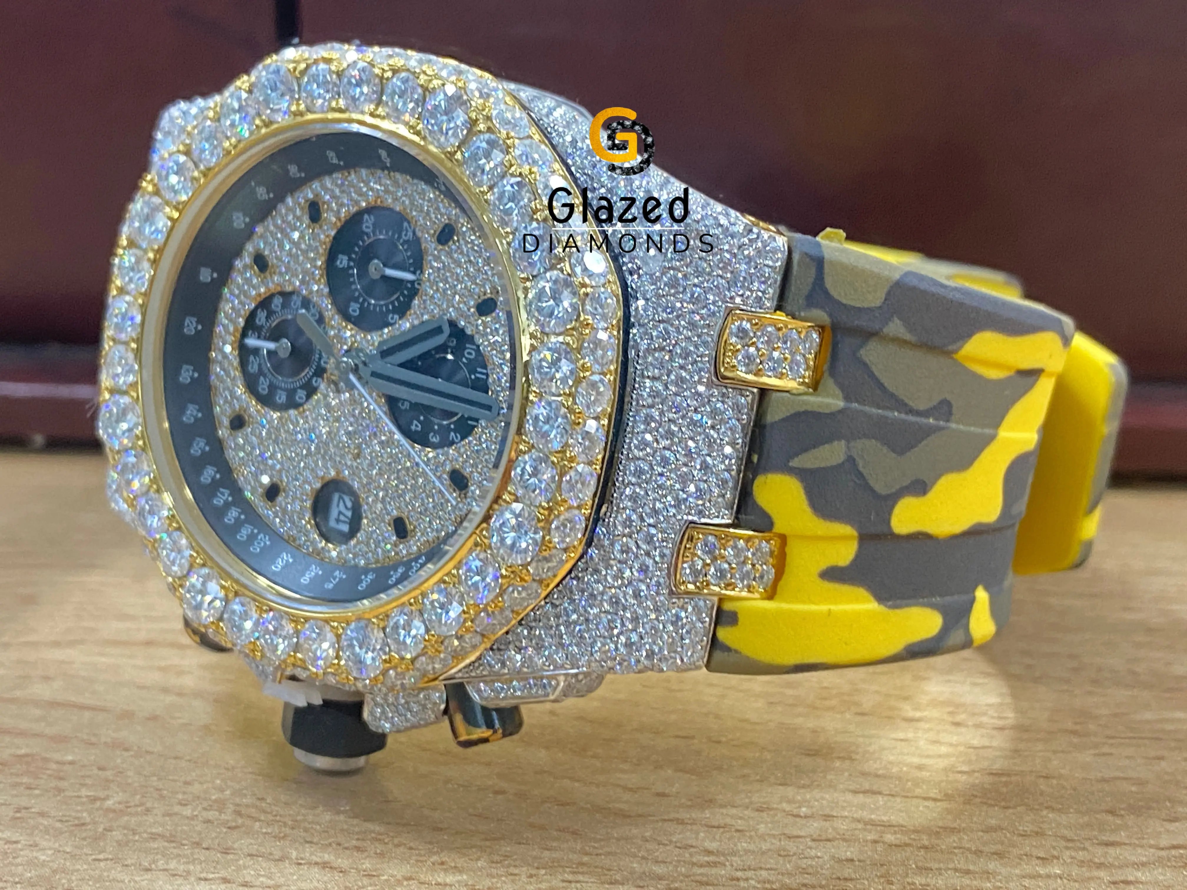 42 MM Iced Chronograph Diamond Dial Silicon Army Belt Mens Watch