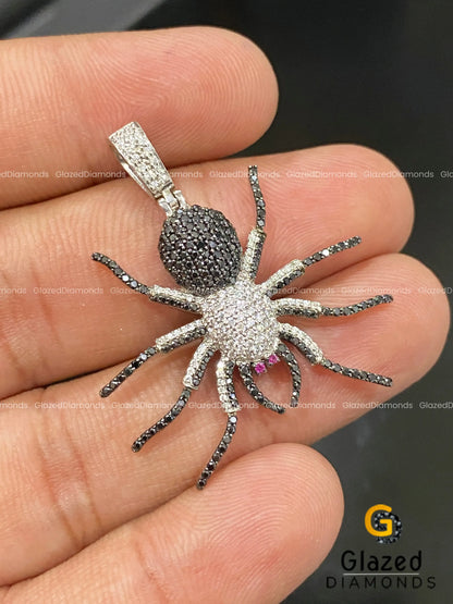 Iced Out Black & White Moissanite Diamond Spider Pendant in 925 Silver