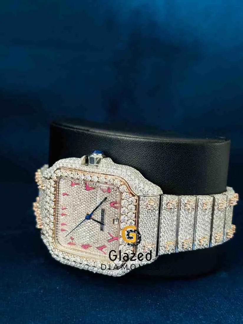 Pink Arabic Number Dial Stainless Steel Strap Moissanite Watch 