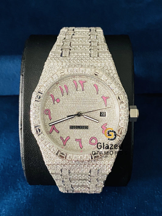 Pink Arabic Number Fully Iced Out Moissanite Watch
