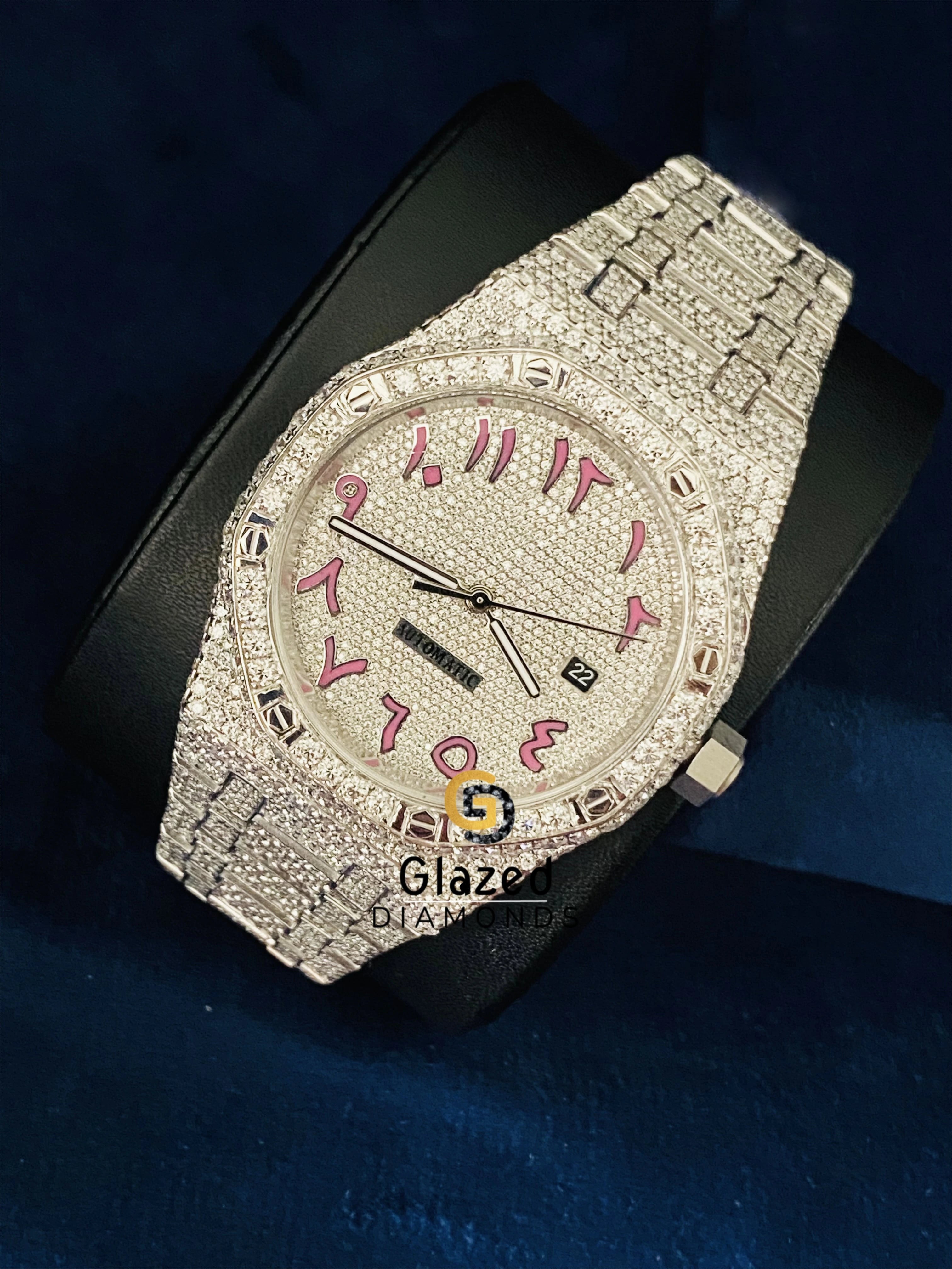 Pink Arabic Number Iced Out Moissanite Watch