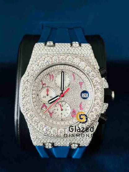 Pink Arabic Number Multi Chronograph Dial Moissanite Watch