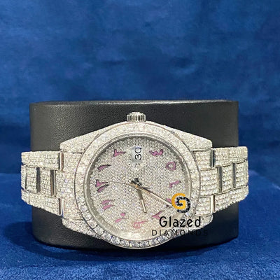 Pink Dial Fully Iced Out VVs Moissanite Hip Hop Watch For Men