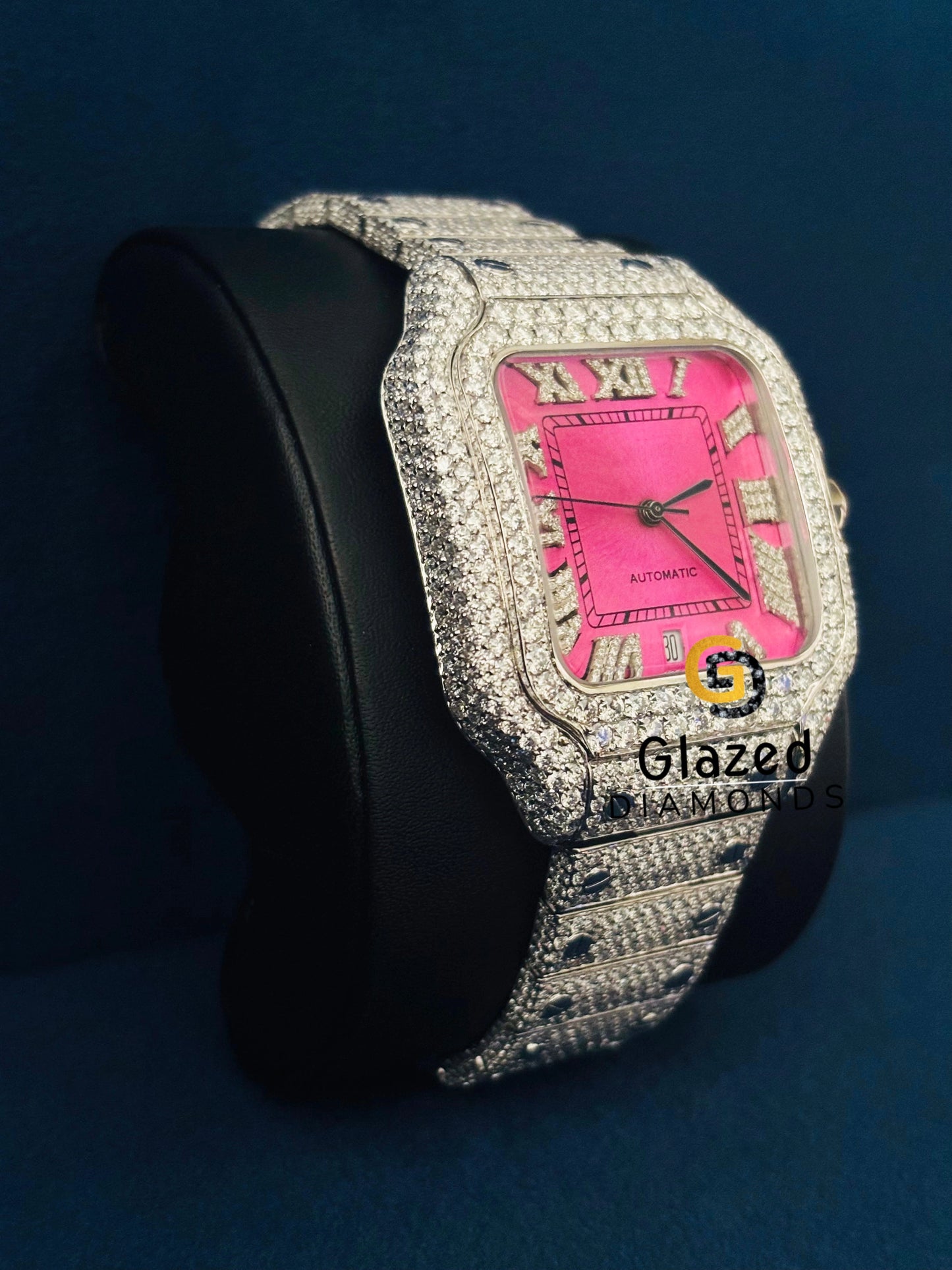 Pink Dial Moissanite Studded Watch
