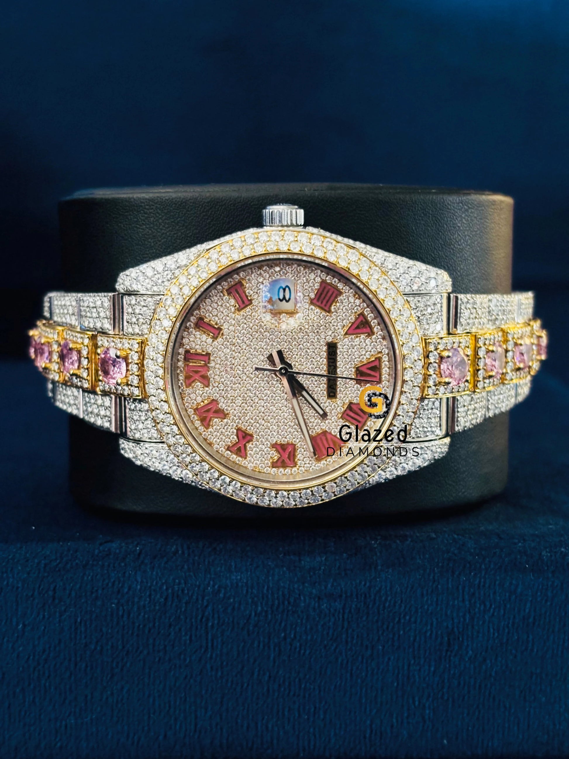 Pink Diamond Roman Number Fully IcedOut Moissanite Watch For Men