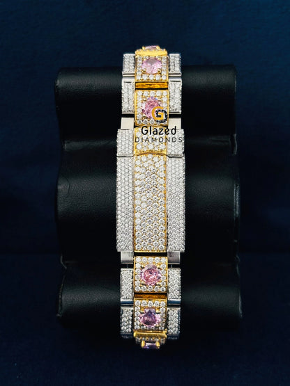 Pink Diamond Roman Number Fully Iced Out Moissanite Watch