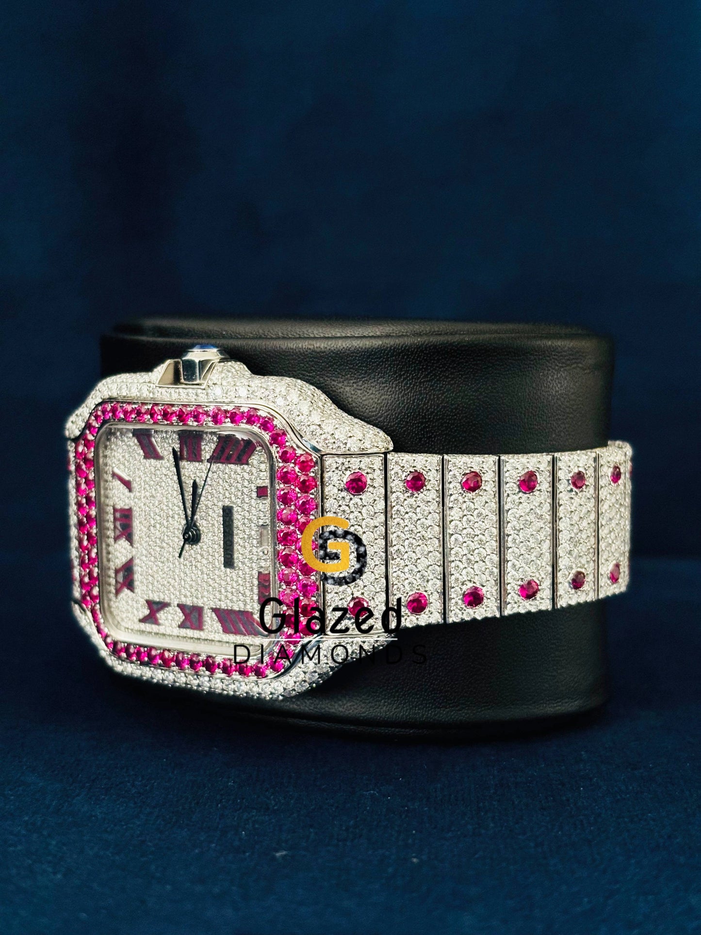 Pink Moissanite Diamond Iced Out Studded Watch for Him