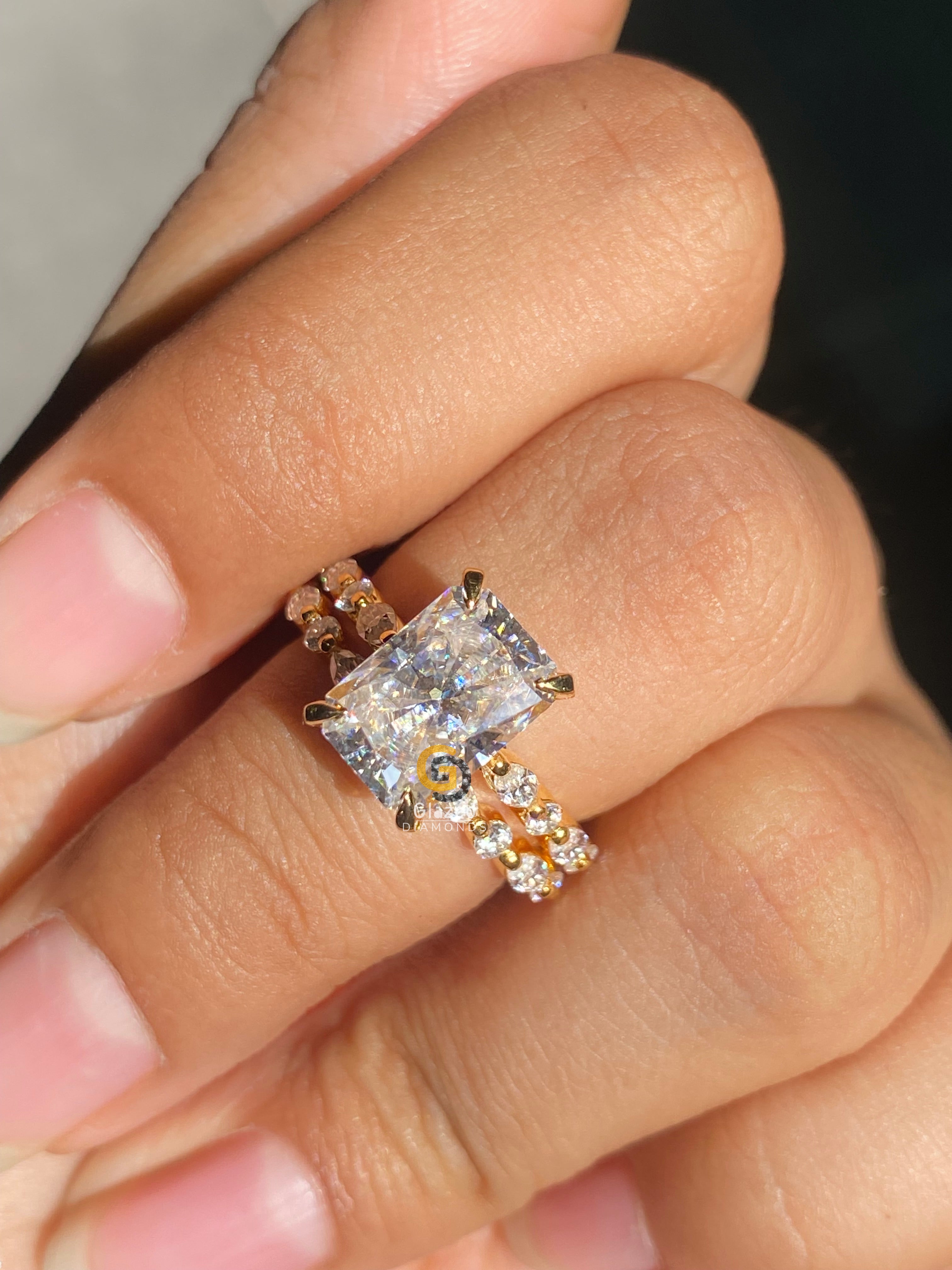 4 CT Radiant Cut Bubble Band Moissanite Wedding Bridal Ring Set For Her