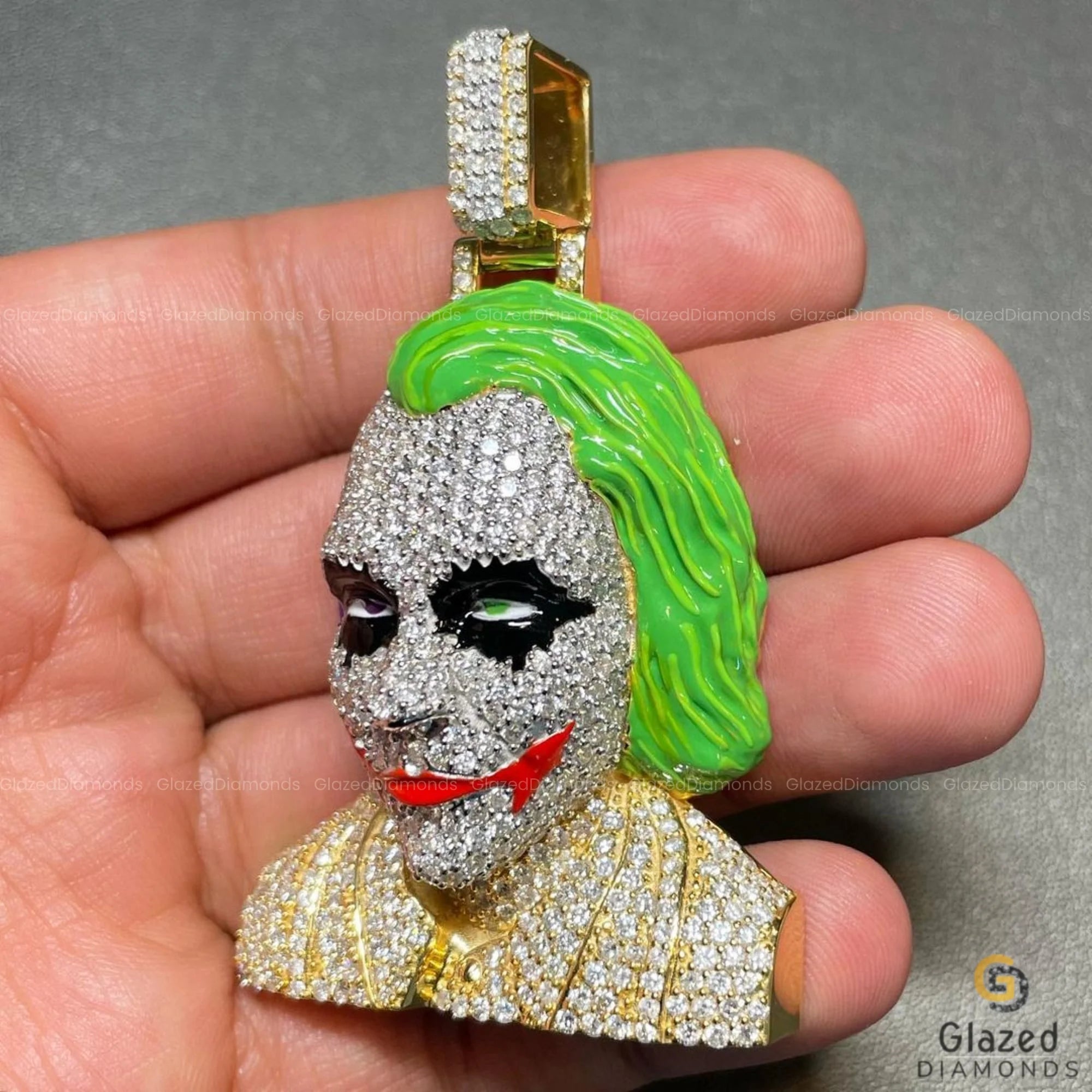 Two Tone Men's Enamel Iced 3D Joker Face Diamond Pendant