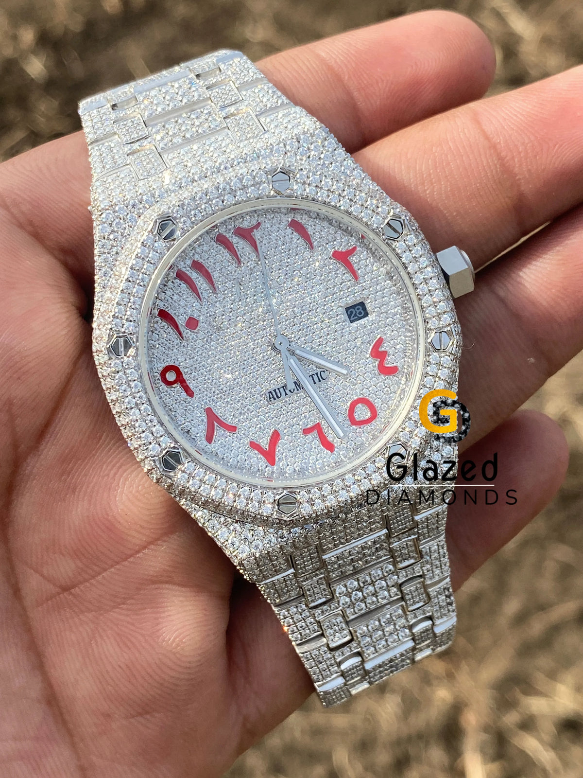 Red Arabic Numerals VVS Moissanite Studded Diamond Watch