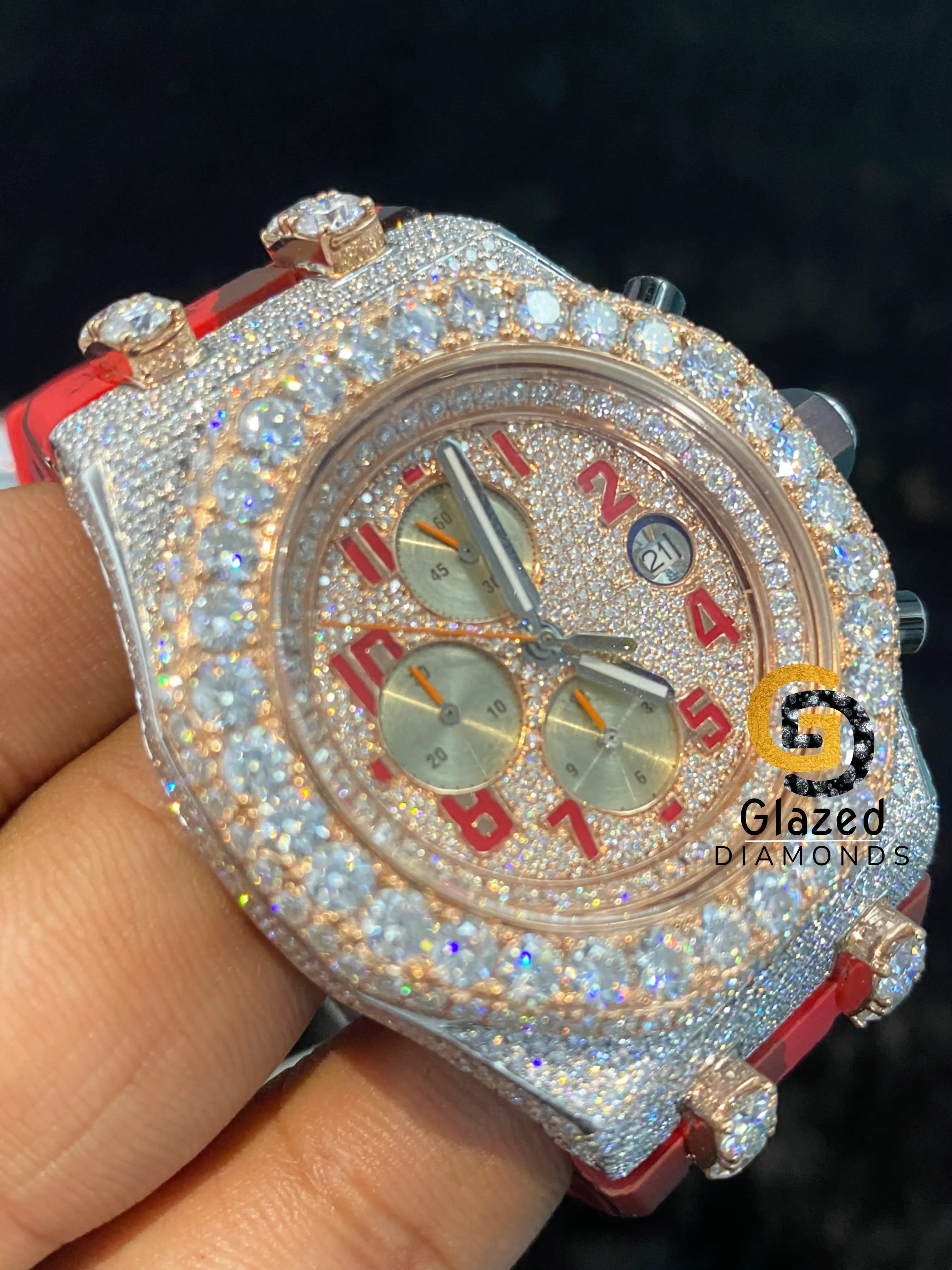 Fully Bust Down Red Starp Bezel Dial VVS Moissanite Watch For Men