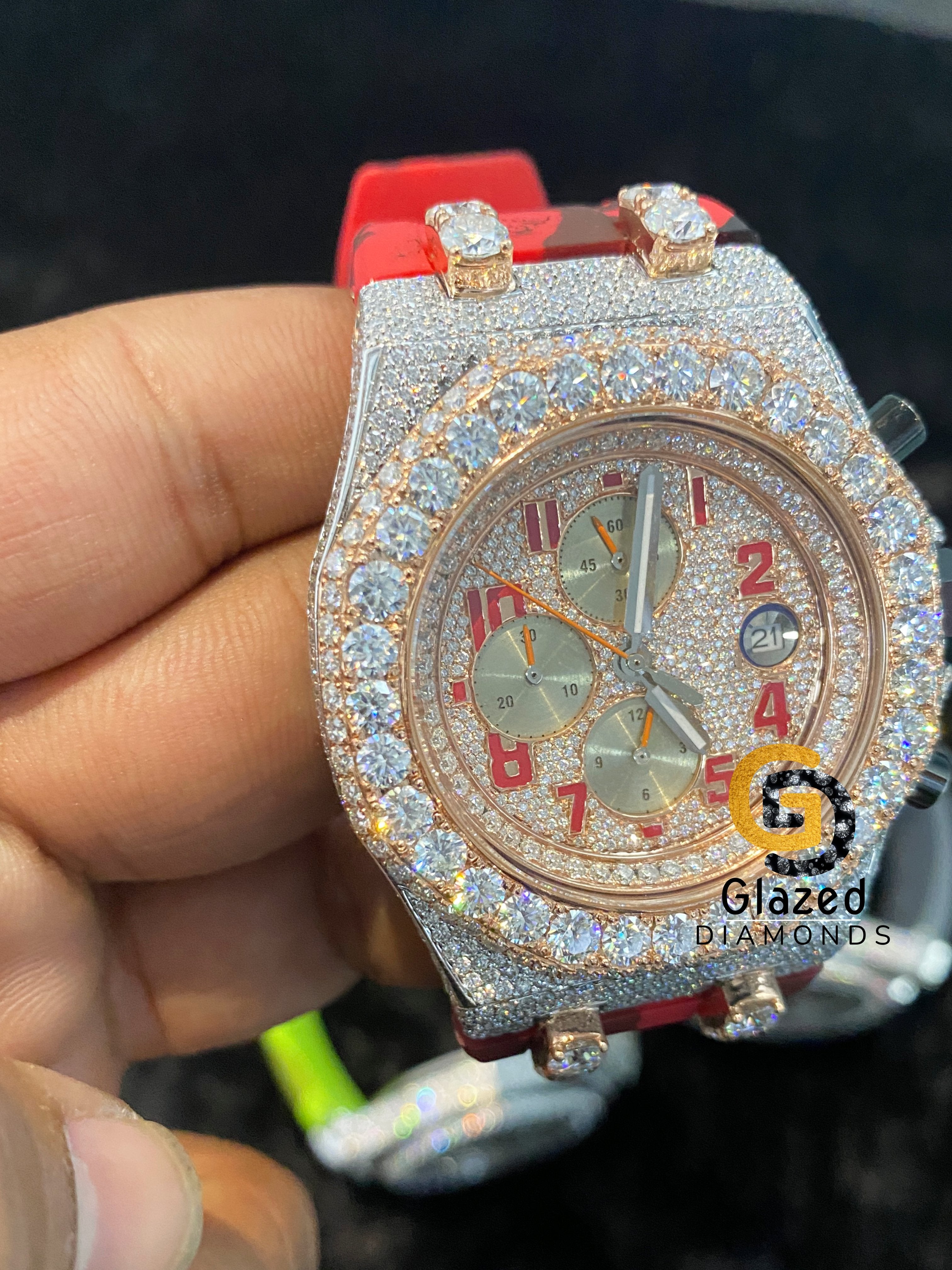 Fully Bust Down Red Starp Bezel Dial VVS Moissanite Watch For Men