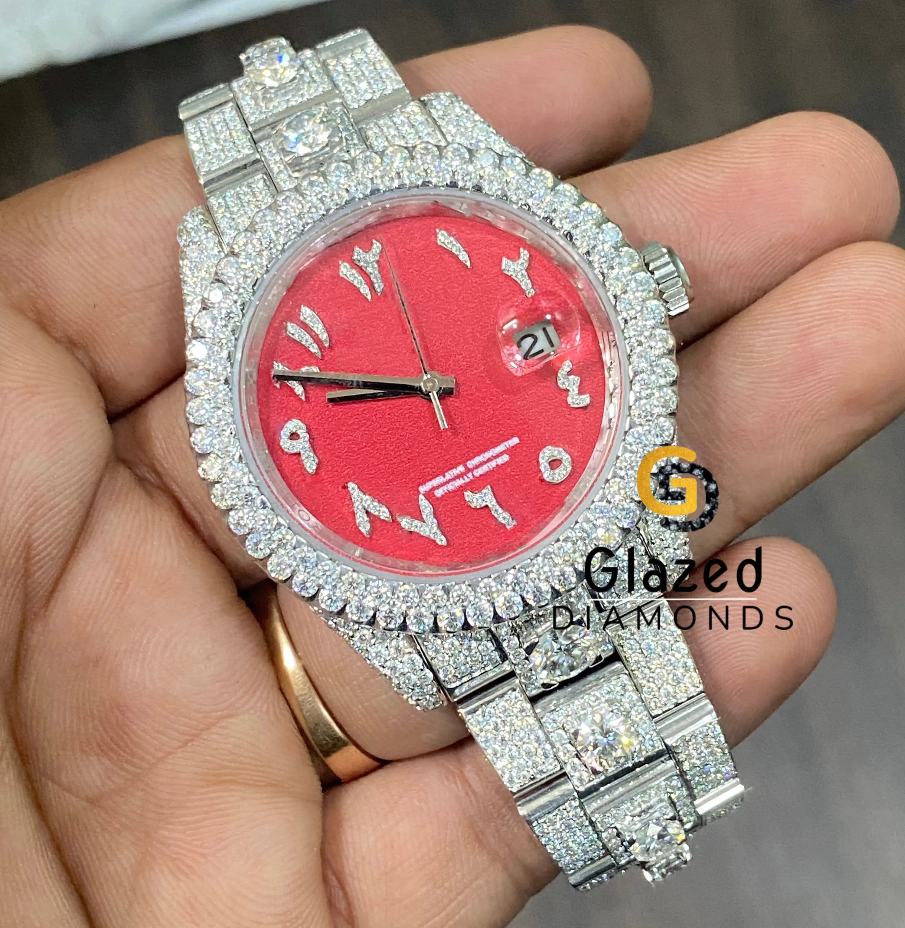 Custom Moissanite Diamond Red Dial Fully Iced Hip Hop Watch For Mens