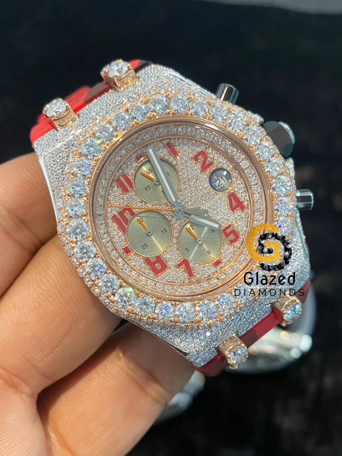 Fully Bust Down Red Starp Bezel Dial VVS Moissanite Watch For Men
