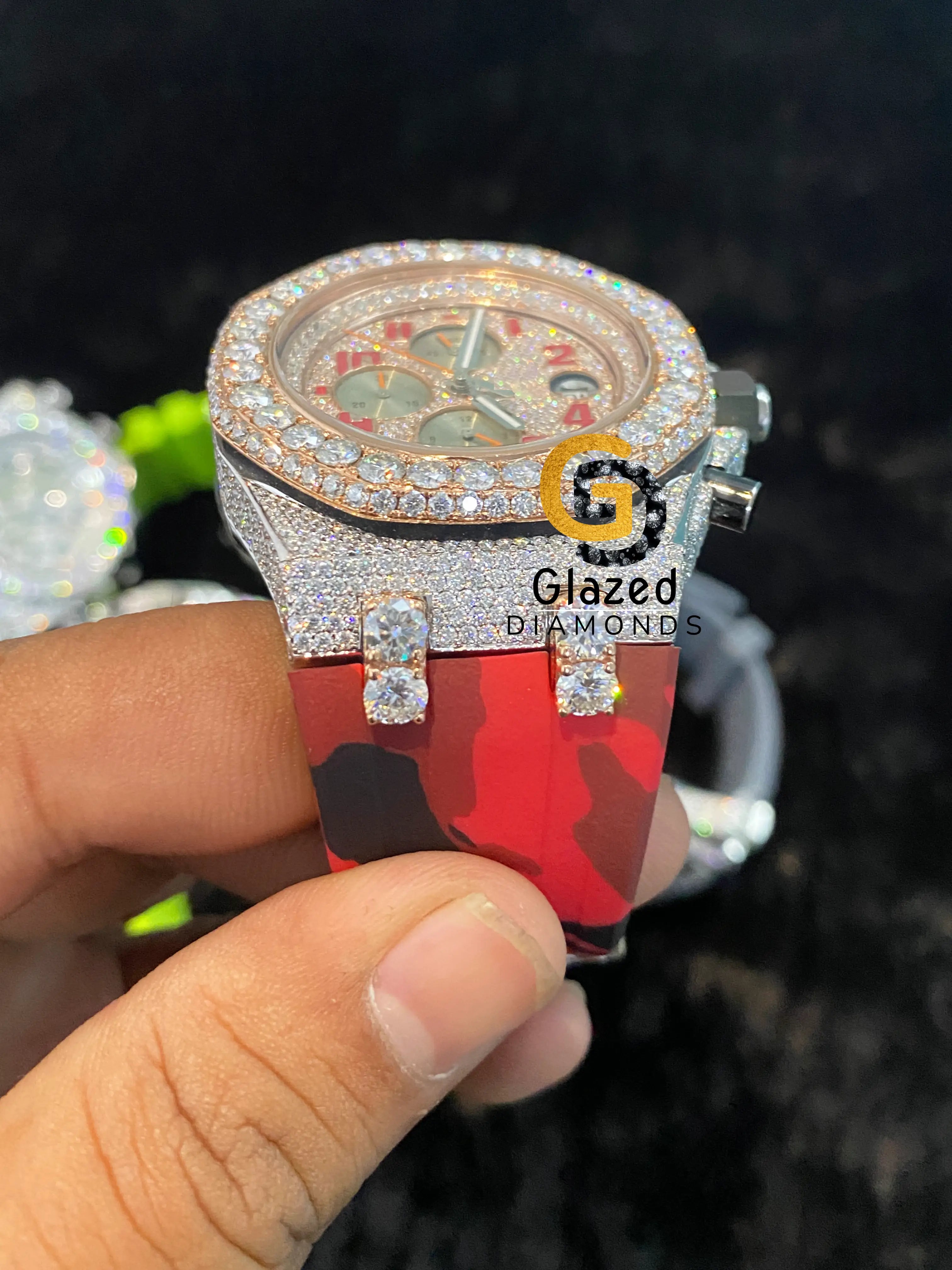 Fully Bust Down Red Starp Bezel Dial VVS Moissanite Watch For Men