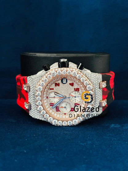 Red Analog Moissanite Diamond Studded Iced Out Watch