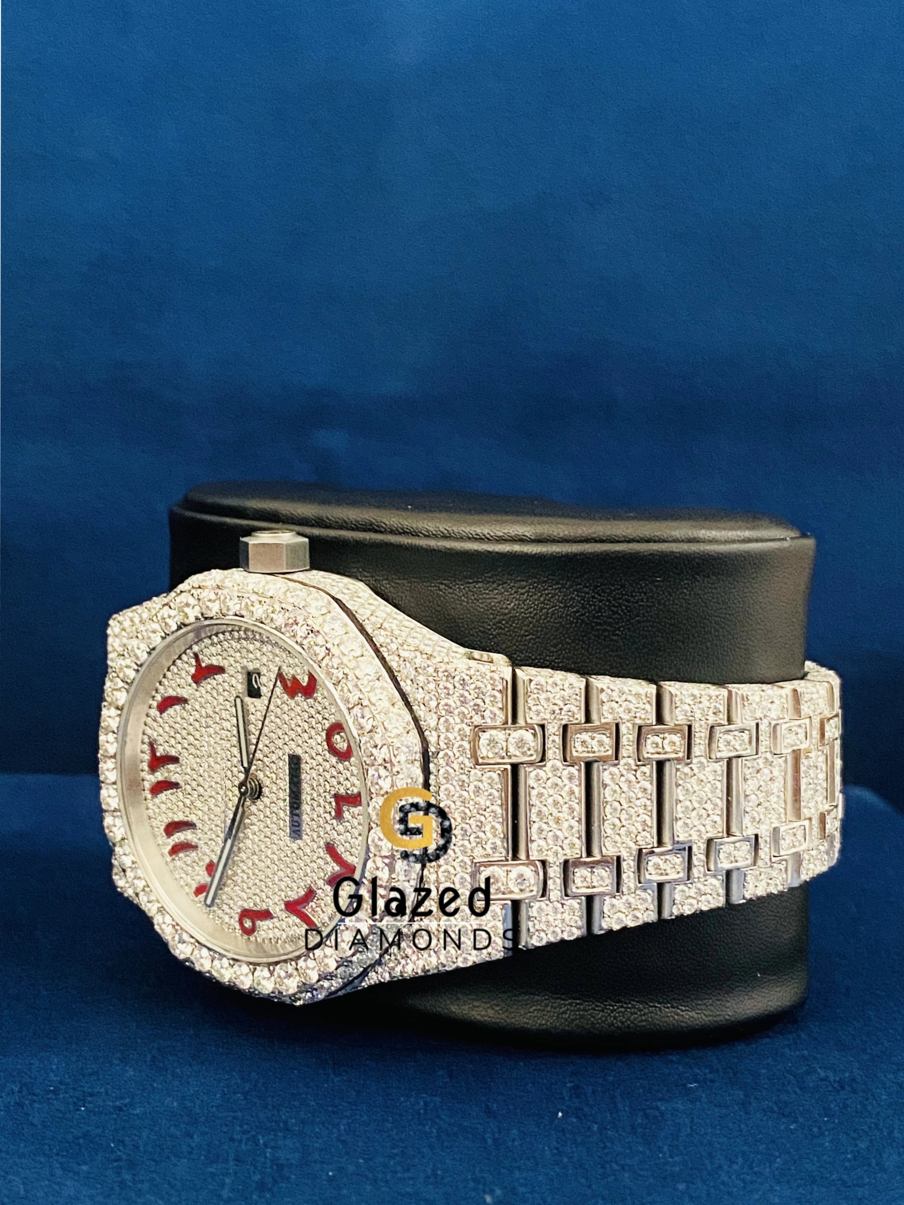 Red Arabic Dial Iced out Moissanite Watch